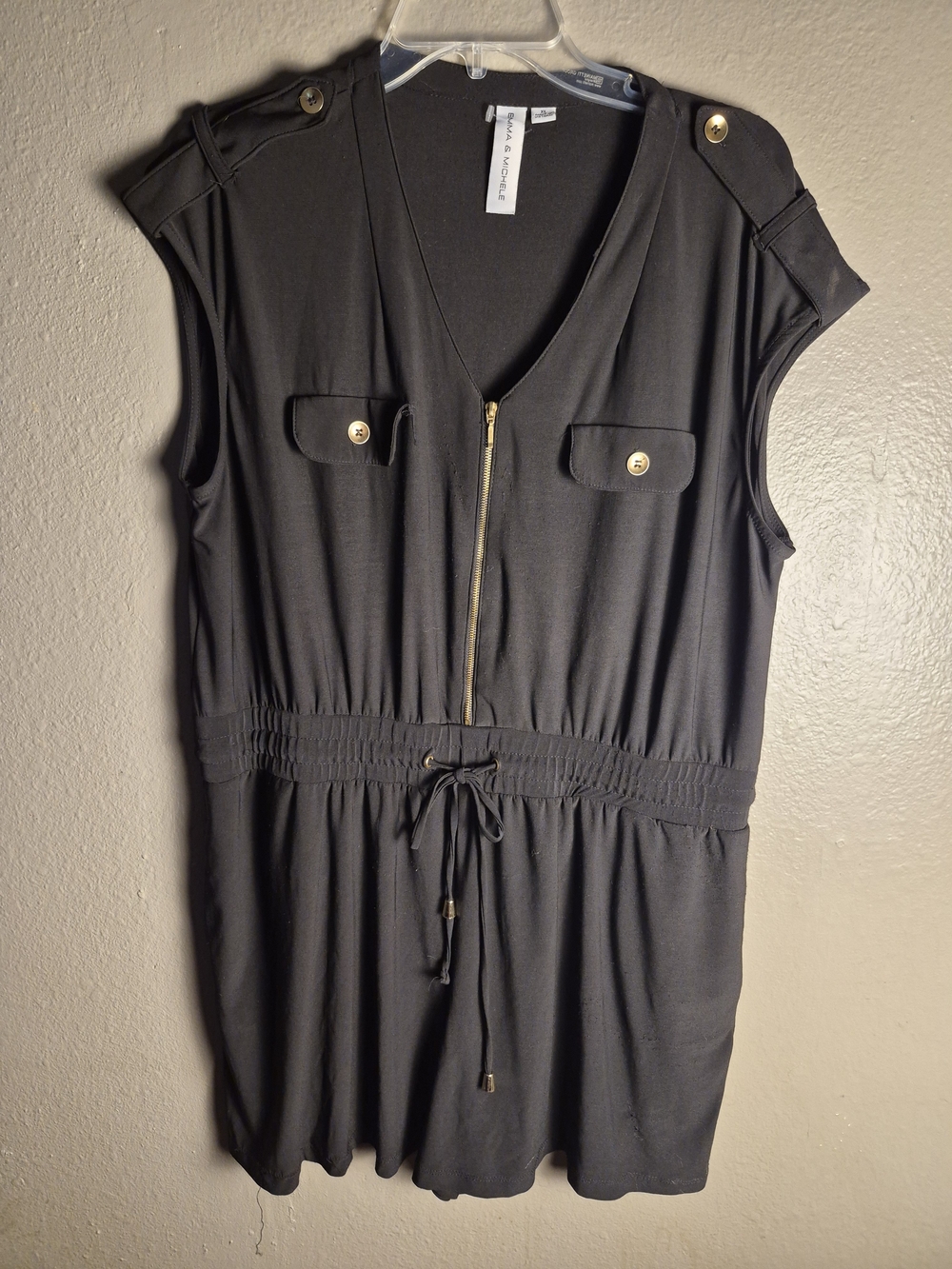 Emma & Michele Black Zip-Front Drawstring Romper